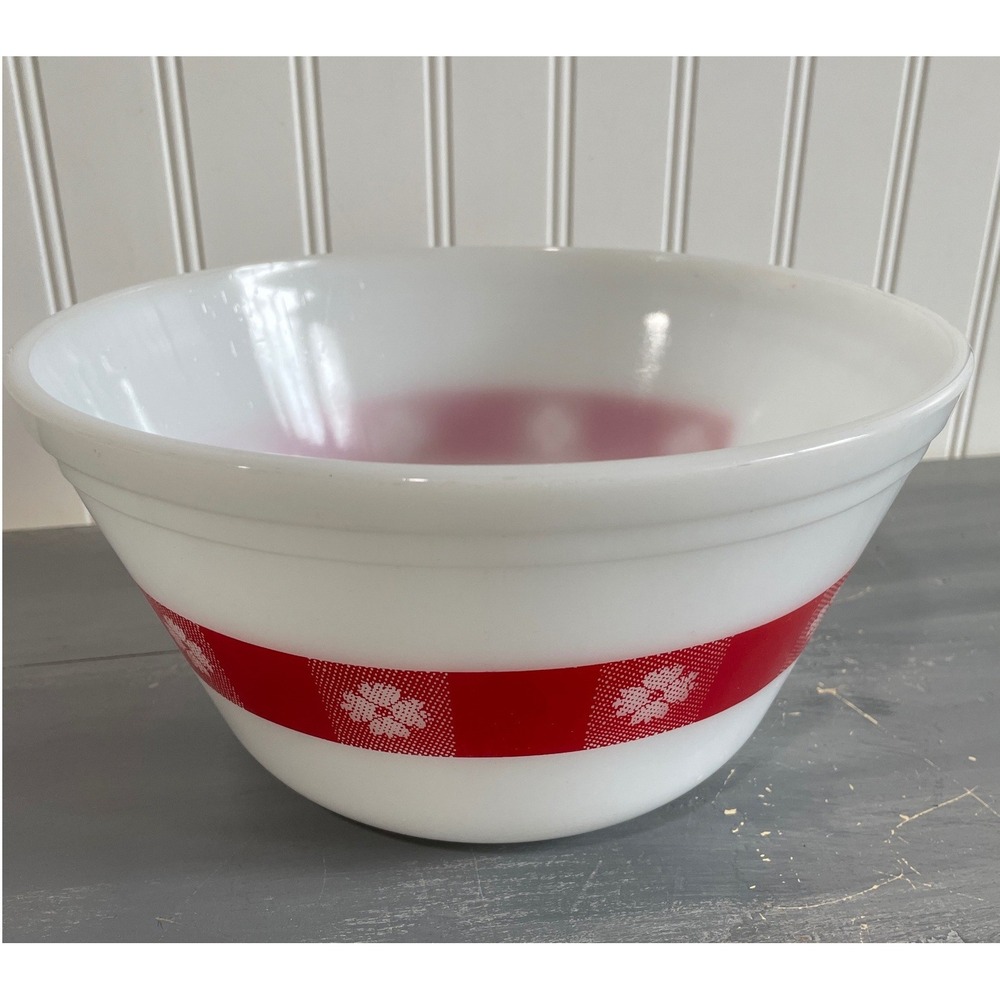 Federal Glass Red Floral Band Milk Glass Mixing Bowl Vintage Heat Proof USA MCM